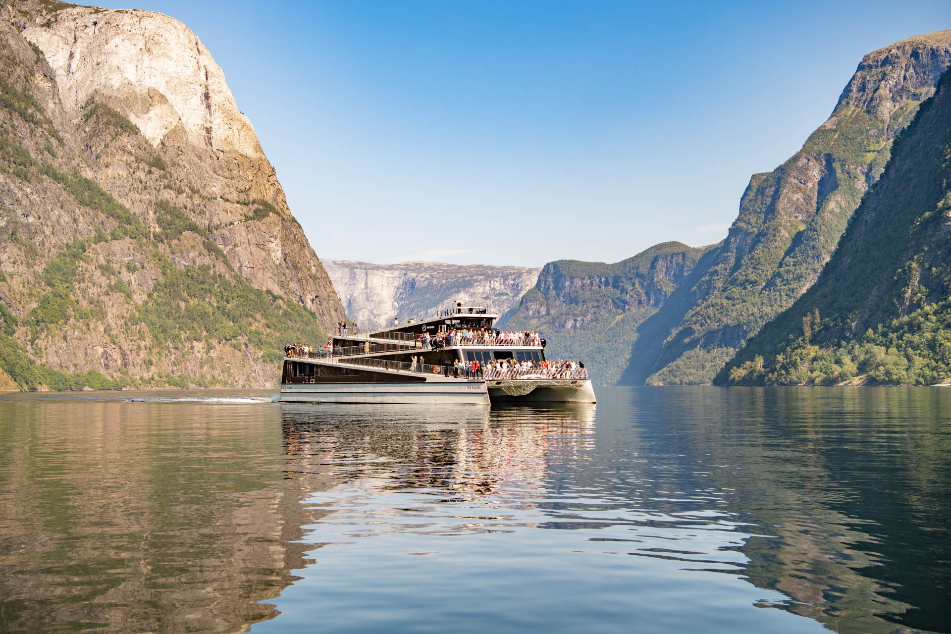 M/S Future of The Fjords on the Nærøyfjord with steep mountains on either side