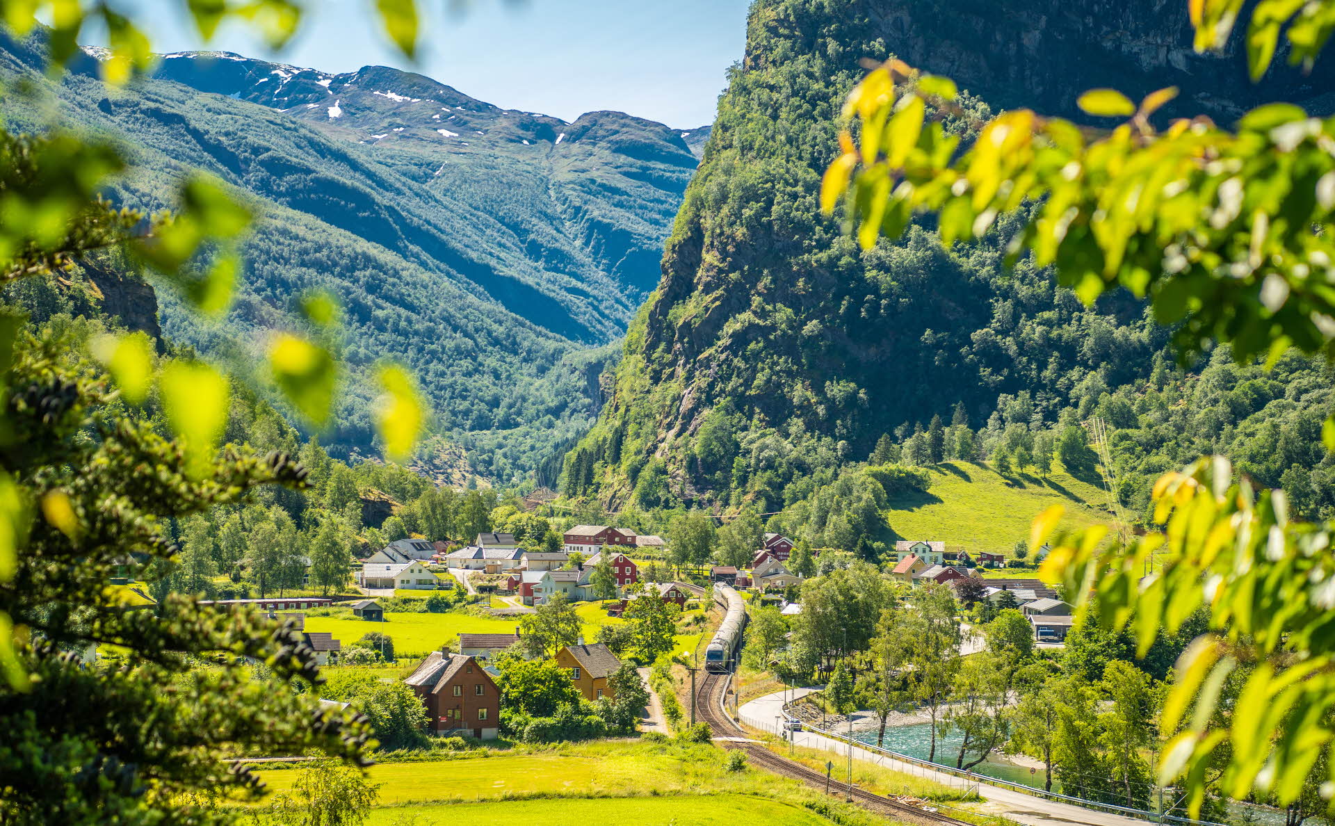 The Flåm Railway passing through the old Flåm village centre on a lush summer’s day.