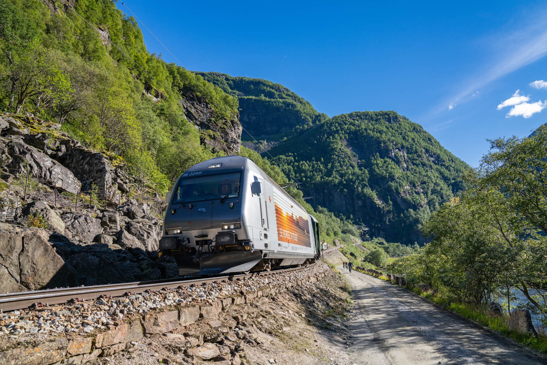The Flåm Railway next to Rallarvegen surrounded by green trees and mountains 