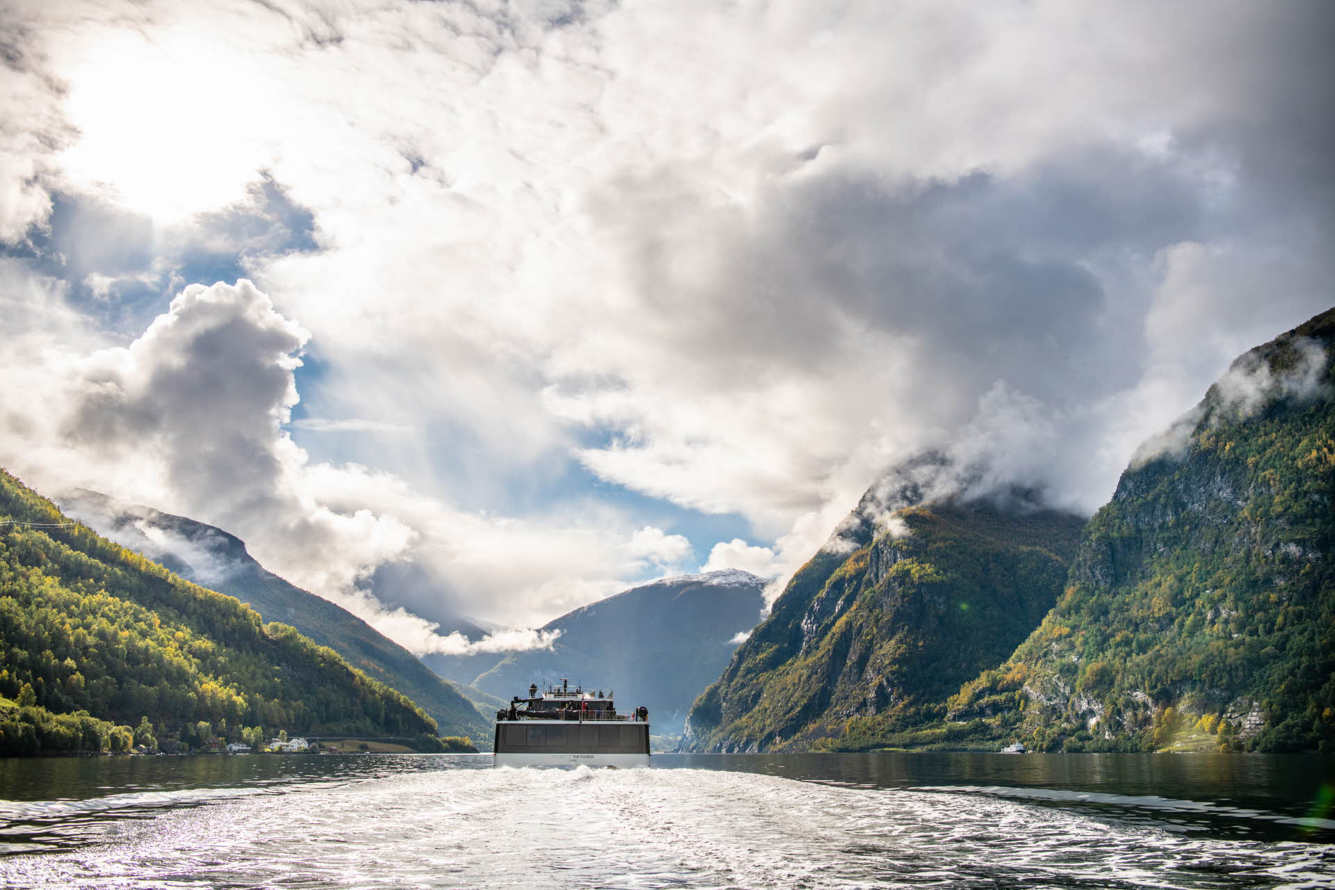 An electric catamaran sailing under a cloudy sky between green mountains on the Nærøyfjord