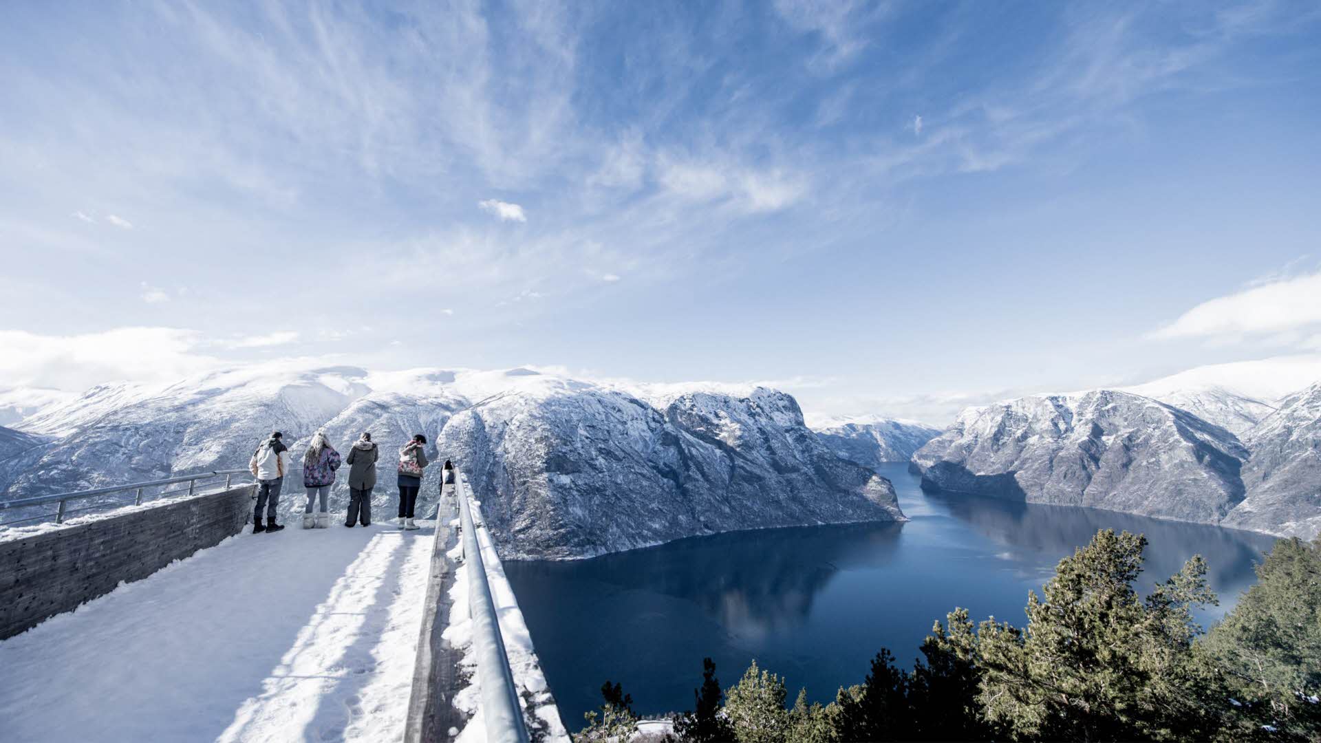 4 personer står på Stegastein utsiktspunkt på en solfylt kald vinterdag, med utsikt over den mektige Aurlandfjorden