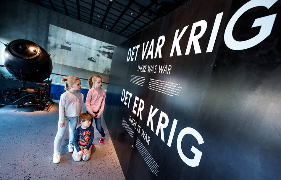 Two girls and a boy looks at a display case showing a soldier and a gun. 