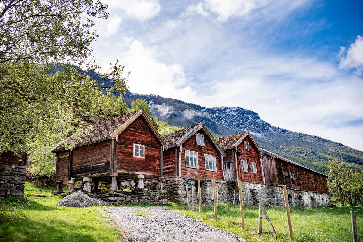 Three old red buildings and a hay barn at Otternes in Aurland on a slightly cloudy day
