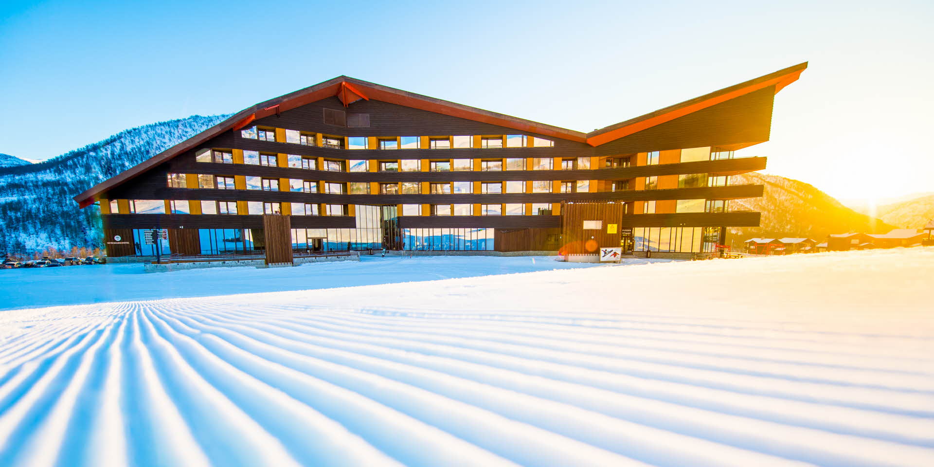 Myrkdalen Hotel seen from the ski slopes in winter