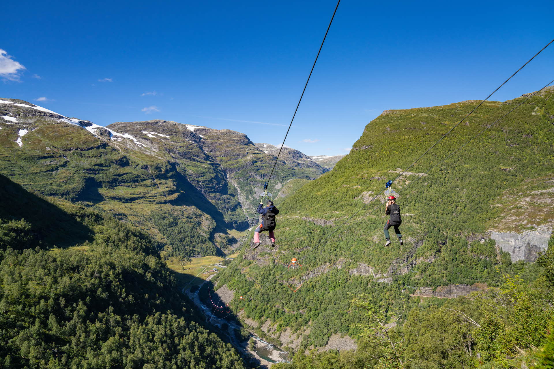 Zwei Personen fahren mit der Flåm Zipline talabwärts, unter ihnen ein Tal mit grünem Wald, Fluss und umliegenden Bergen. 