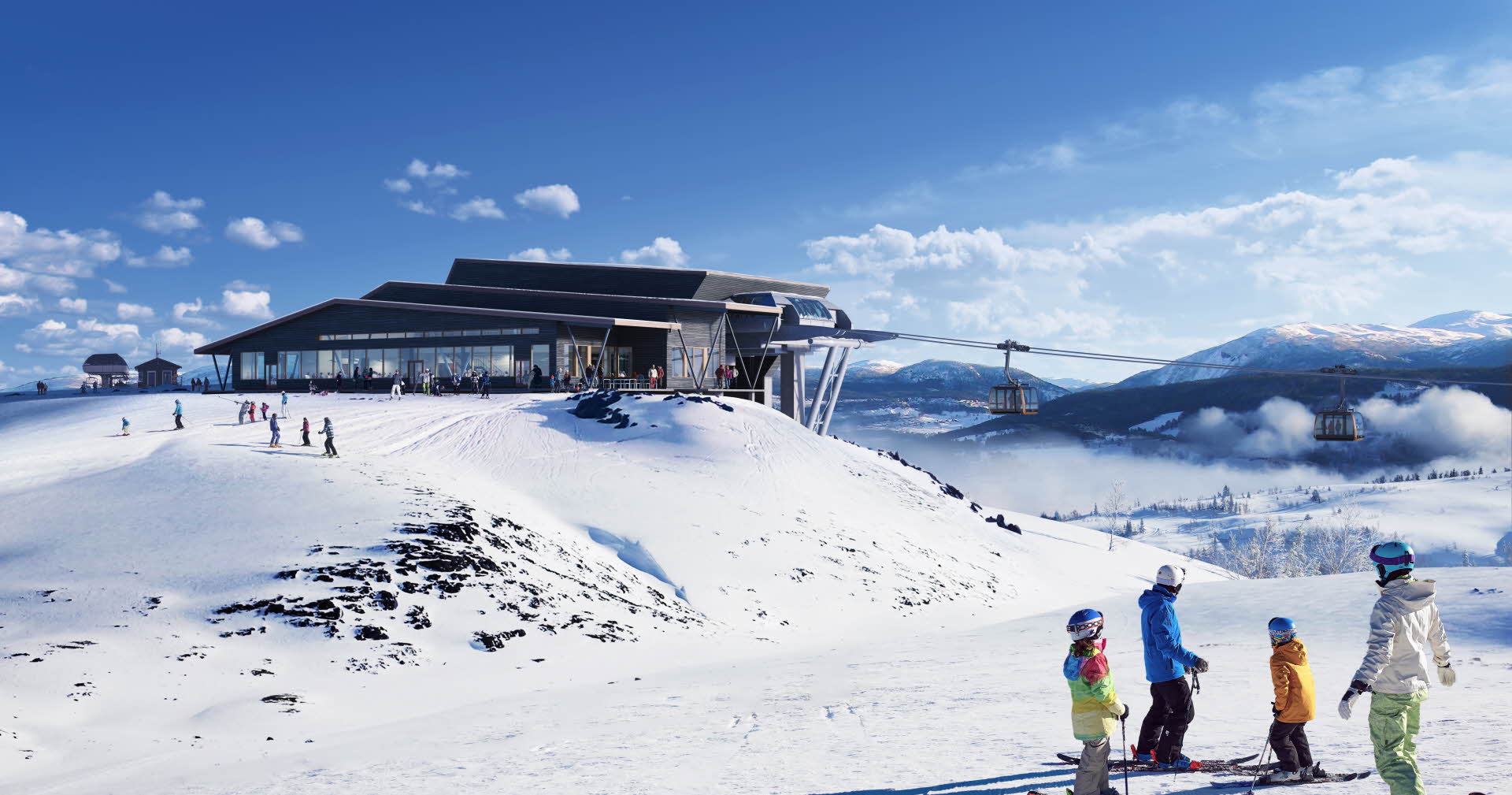 冬日里，从 Hangurstoppen 看出去的人们在 Voss Gondola 山顶站的户外餐厅享受阳光。