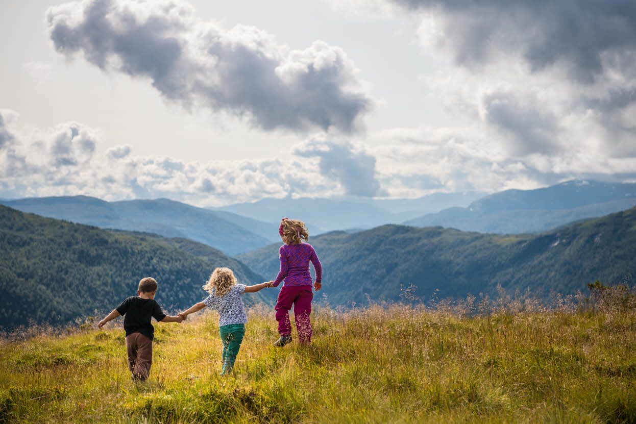 Drei Kinder halten einander bei einer Bergwanderung in Myrkdalen an den Händen