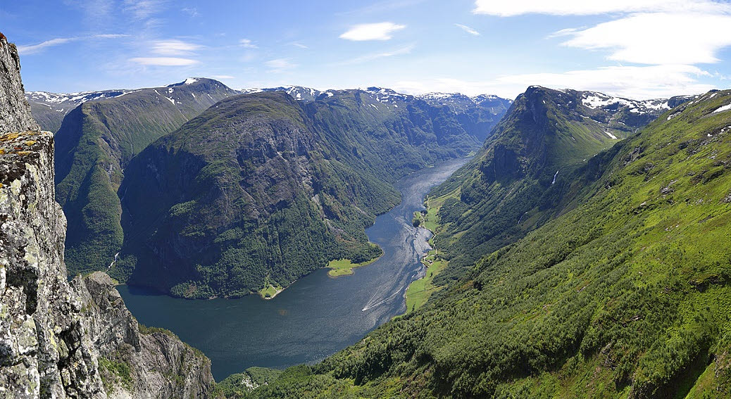Blick auf den Nærøyfjord im Sommer von Breiskrednosi aus