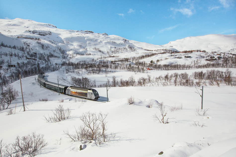 The Flam Railway in winter landscape. 