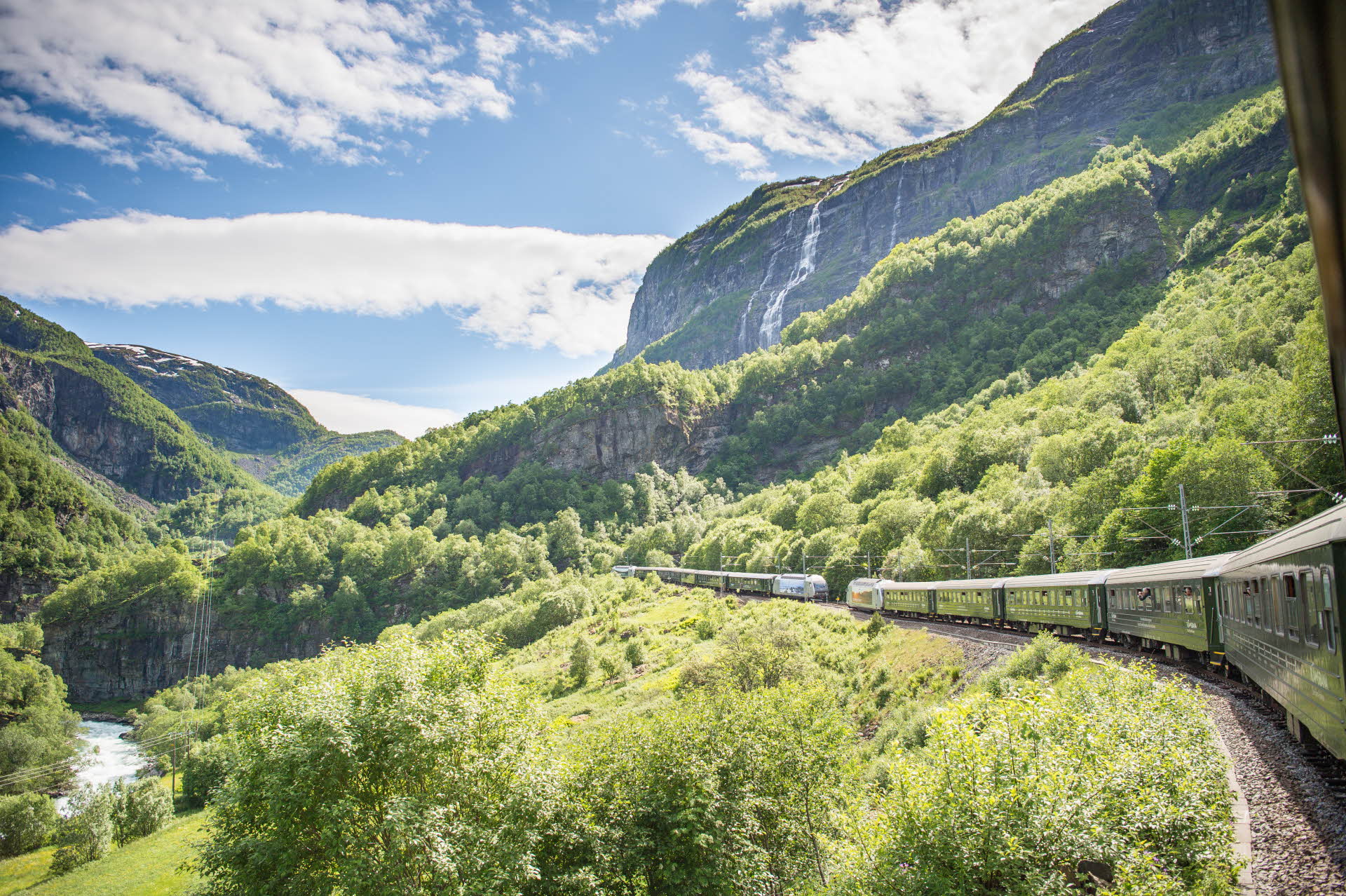 Two trains on the Flåm Railway meet in a rich green valley in summer
