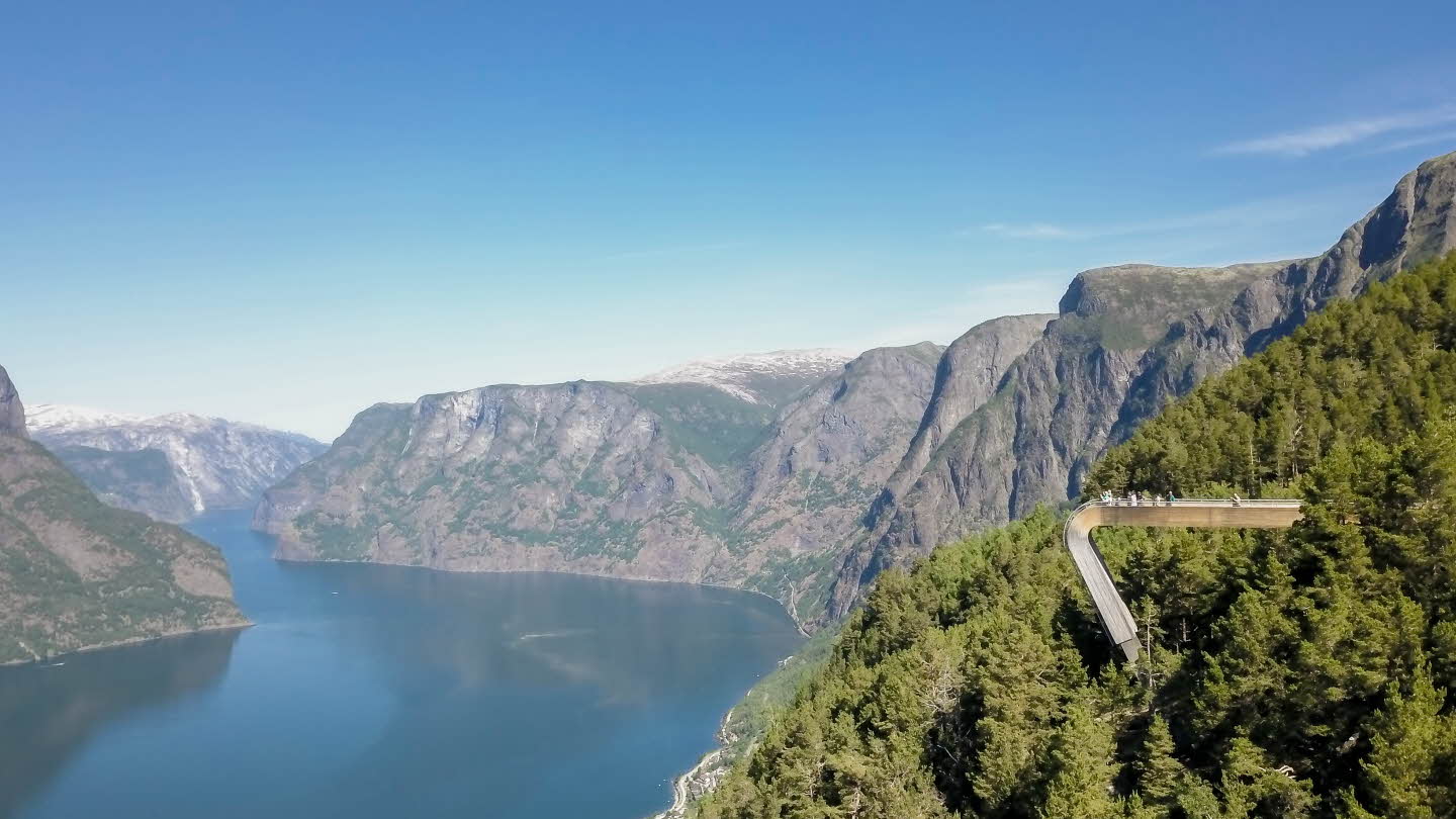 Drone image over Aurland. Stegastein Viewpoint seen in profile between spruce forest above the Aurlandsfjord. Steep, only mountain sides in the background.